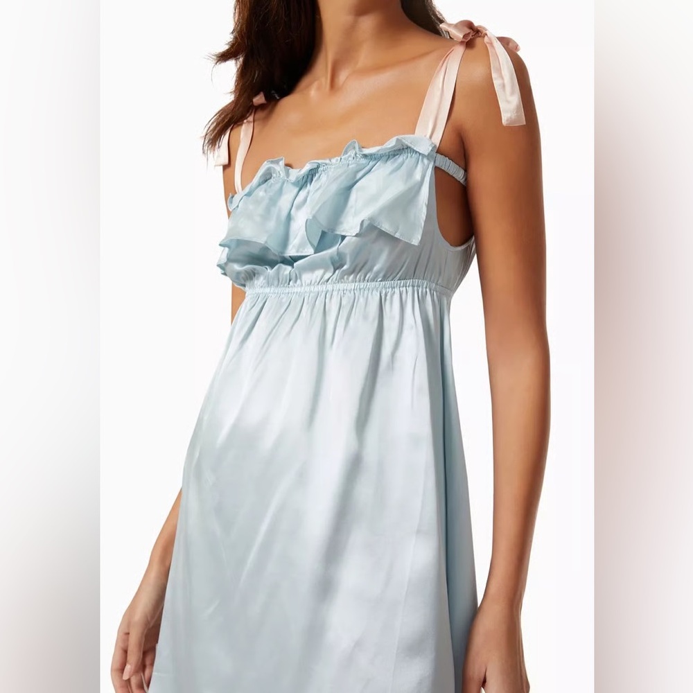Morgan Lane Light Blue Satin Chemise with Pink Tie Straps